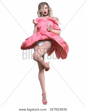 Beautiful Blonde Woman In Light Summer Waving Dress.