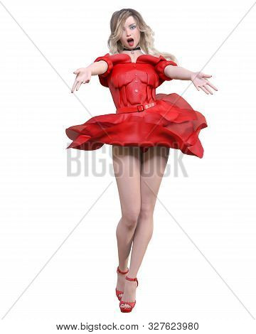 Beautiful Blonde Woman In Light Summer Waving Dress.