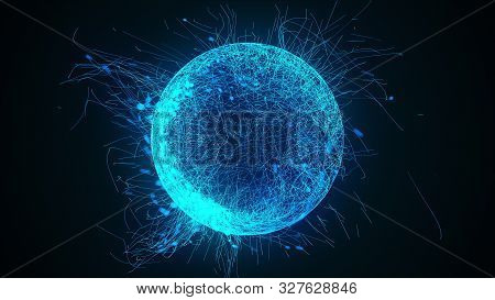 3d Rendering, Computer Generated Sphere Or Ball Of Numerous Neon Particles And Lines On A Black Back