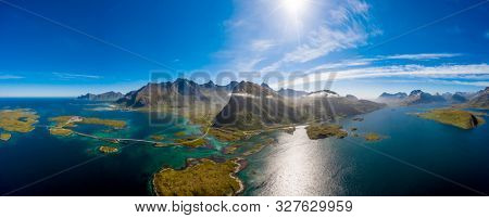 Fredvang Bridges Panorama. Lofoten islands is an archipelago in the county of Nordland, Norway. Is known for a distinctive scenery with dramatic mountains and peaks, open sea and sheltered bays.