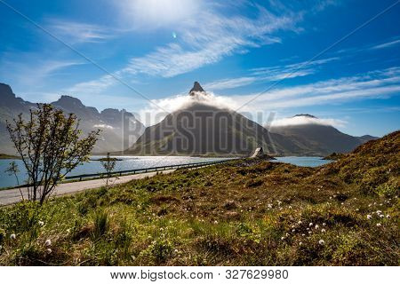 Fredvang Bridges Panorama. Lofoten islands is an archipelago in the county of Nordland, Norway. Is known for a distinctive scenery with dramatic mountains and peaks, open sea and sheltered bays.