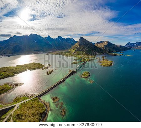 Fredvang Bridges Panorama. Lofoten islands is an archipelago in the county of Nordland, Norway. Is known for a distinctive scenery with dramatic mountains and peaks, open sea and sheltered bays.