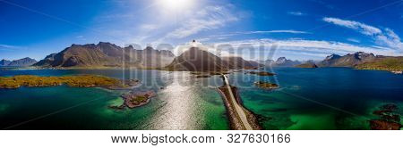 Fredvang Bridges Panorama. Lofoten islands is an archipelago in the county of Nordland, Norway. Is known for a distinctive scenery with dramatic mountains and peaks, open sea and sheltered bays.