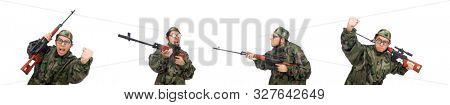 Military man with a gun isolated on white