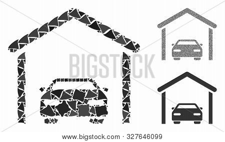 Car Garage Mosaic Of Uneven Elements In Different Sizes And Shades, Based On Car Garage Icon. Vector