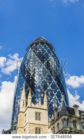 London. May 21 2019. The Gherkin Building Also Known As Re Insurance And St Andrew Undershaft Church