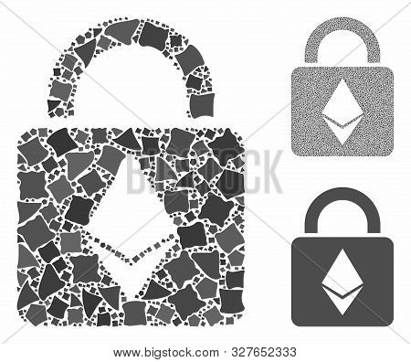 Ethereum Lock Mosaic Of Abrupt Items In Various Sizes And Color Hues, Based On Ethereum Lock Icon. V