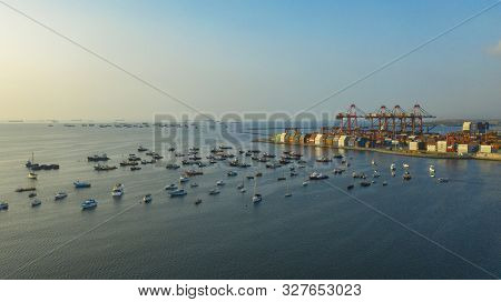 Callao, Lima / Peru - October 13 2019: View Of Dock And Containers In The Port Of Callao