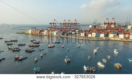 Callao, Lima / Peru - October 13 2019: View Of Dock And Containers In The Port Of Callao