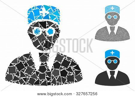Doctor Mosaic Of Uneven Items In Various Sizes And Color Hues, Based On Doctor Icon. Vector Ragged D