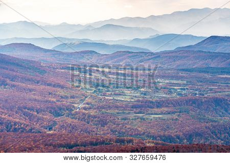 Aerial view of red leaf autumn fall season for Forest wodland From Hakkoda Mountain in Aomori Tohoku Japan