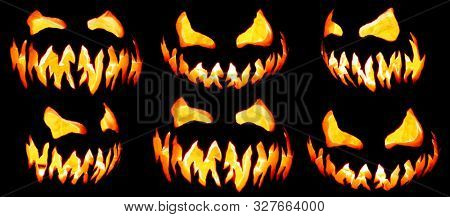 Collection of scary Halloween pumpkin Jack o lantern faces glowing red and yellow eerily on black
