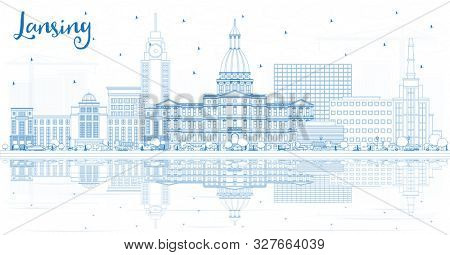 Outline Lansing Michigan City Skyline with Blue Buildings and Reflections. Business Travel and Concept with Historic Architecture. Lansing USA Cityscape with Landmarks.