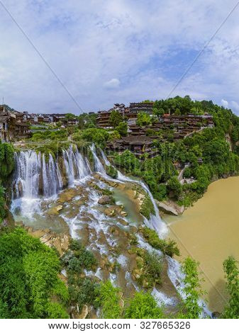 Furong ancient village and waterfall - Hunan China - travel background