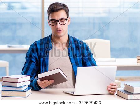 Student in telelearning distance learning concept reading in lib