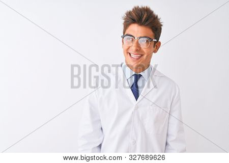 Young handsome sciencist man wearing glasses and coat over isolated white background smiling looking to the side and staring away thinking.