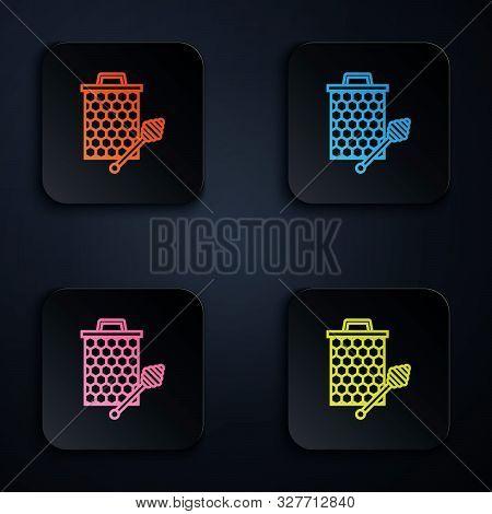 Color Neon Line Honeycomb With Honey Dipper Stickicon Isolated On White Background. Honey Ladle. Hon