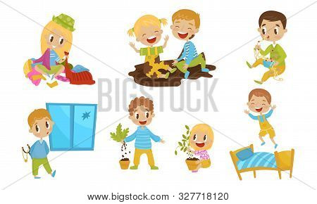 Little Naughty Kid Characters Doing Tricks Vector Illustrations