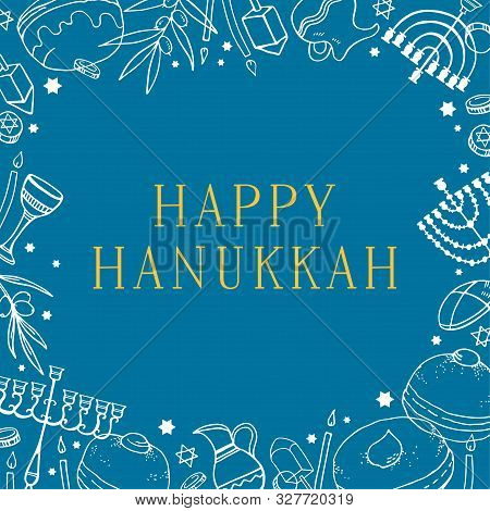 Happy Hanukkah. Rectangular Frame Design Template. Hand Drawn Outline Vector Sketch With Traditional