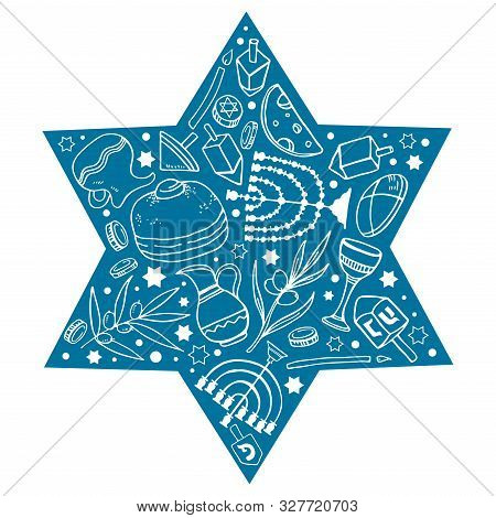 Hanukkah Composition. Traditional Objects In The Star Shape Form. Hand Drawn Outline Vector Sketch I