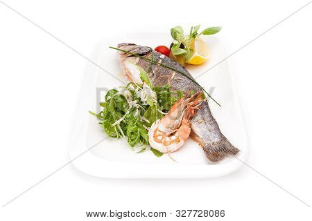The Fried Seafish With Shrip, Mint Leaves And Segment Of Lemon On A White Plate, Is Isolated On A Wh