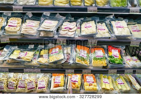 SHENZHEN, CHINA - CIRCA APRIL, 2019: food on display at JUSCO store in Shenzhen.