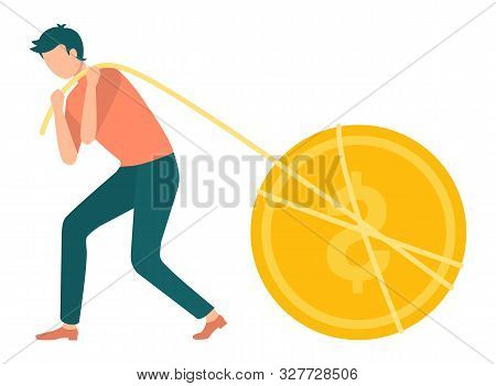 Person Working Hard On Investment, Investor Pulling Coin Dollar Money. Character With Thread And Fin