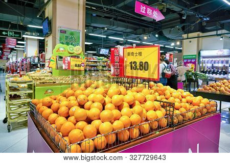 SHENZHEN, CHINA - CIRCA APRIL, 2019: oranges on display at JUSCO store in Shenzhen.
