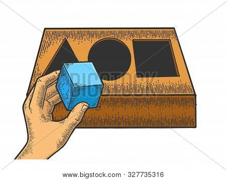 Intelligence Test Sketch Engraving Vector Illustration. Hand Inserts Figure Into Triangle Circle Squ