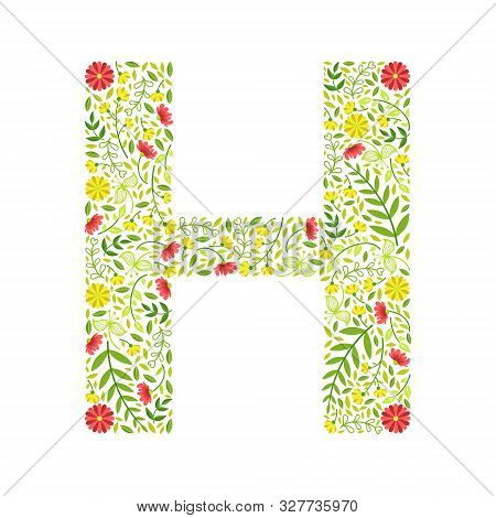 Capital Letter H, Green Floral Alphabet Element, Font Uppercase Letter Made Of Leaves And Flowers Pa