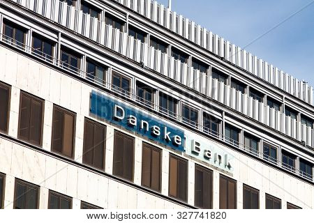 Stockholm, Sweden - April 19, 2019: The Logo Of The Danske Bank Building In Stockholm Which Is Infam