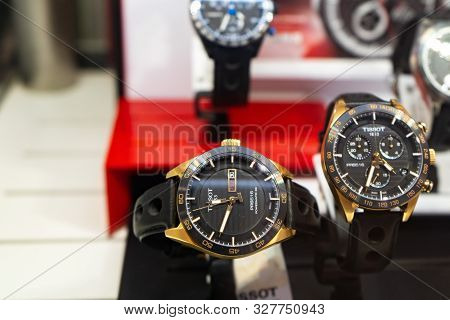 Chelyabinsk Region, Russia - August 2019. Tissot Brand Watches. Tissot Luxury Watches At Showcase Fo