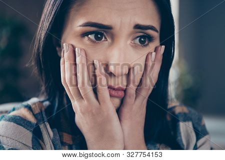 Closeup Photo Of Pretty Lady Holding Hands On Cheeks Very Sad Expression Did Big Life Mistake Wish T