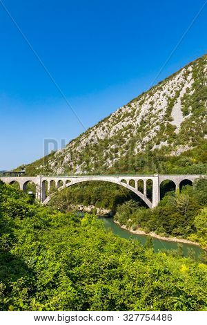 Solkan bridhe on the River Soca, Slovenia