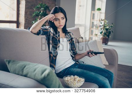 Photo Of Pretty Lady Holding Remote Controller And Popcorn Plate Upset Of Favorite Serial Ending Sit
