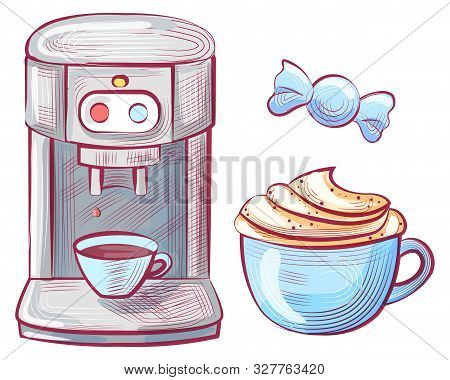 Candy In Wrapping Served With Coffee Poured In Cup With Plate Vector. Coffeemaker Machine With Butto