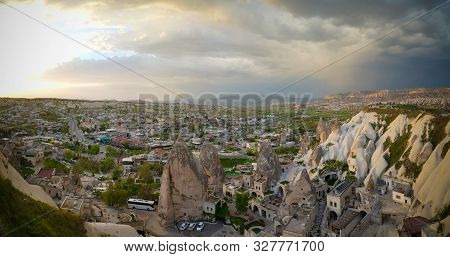 Sunset Panoramic View To Goreme City And Pigeon Valley Cappadocia, Turkey