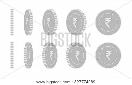 Indian Rupee Rotating Coins Set, Animation Ready. Black And White Inr Silver Coins Rotation. India M