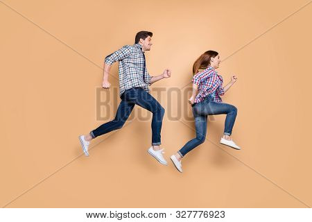 Full Length Body Size Side Profile Photo Of Cheerful Positive Childish Cute Sweet Pretty Couple Wear