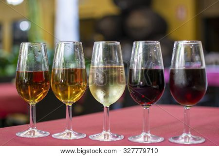 Sherry Wine Tasting, Selection Of Different Jerez Fortified Wines From Dry To Very Sweet, Jerez De L