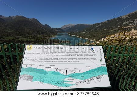 Barrea, Italy - 12 October 2019: Lake Barrea And The Mountain Village