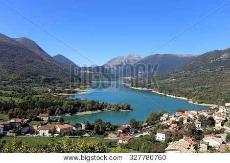 Barrea, Italy - 12 October 2019: Lake Barrea And The Mountain Village