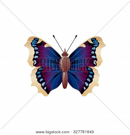 Butterfly Icon. 3d Realistic Nymphalis Antiopa Butterfly Insect With Beautiful Blue Black Wings. Ani