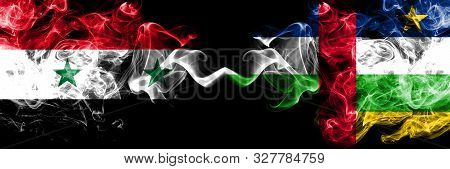 Syria Vs Central African Republic Smoke Flags Placed Side By Side. Thick Colored Silky Smoke Flags O