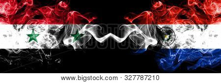 Syria Vs Paraguay, Paraguayan Smoke Flags Placed Side By Side. Thick Colored Silky Smoke Flags Of Sy