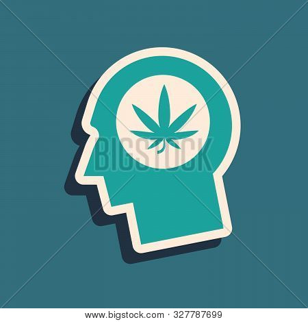 Green Silhouette Of Male Head In Profile With Marijuana Or Cannabis Leaf Icon Isolated On Blue Backg