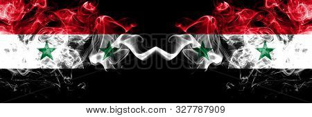 Syria Vs Syria, Syrian Smoke Flags Placed Side By Side. Thick Colored Silky Smoke Flags Of Syrian An