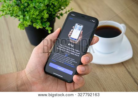 Anapa, Russia - October 1, 2019: Man Hand Holding Iphone 11 With Apple Pay On The Screen. Iphone 11 