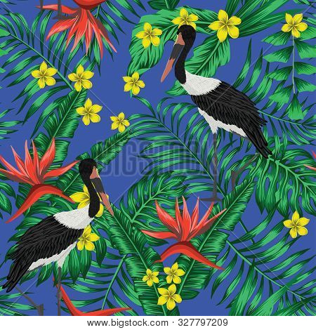 Tropical Plants And Beautiful Exotic Crane Birds Seamless Vector Wallpaper. Palm Banana Monstera Lea