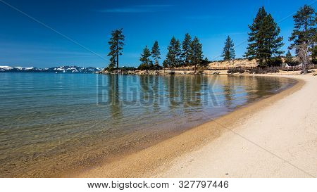 Long Exposure Of Sand Harbor Beach At Lake Tahoe North, Nevada County, California, Usa, Featuring Bl